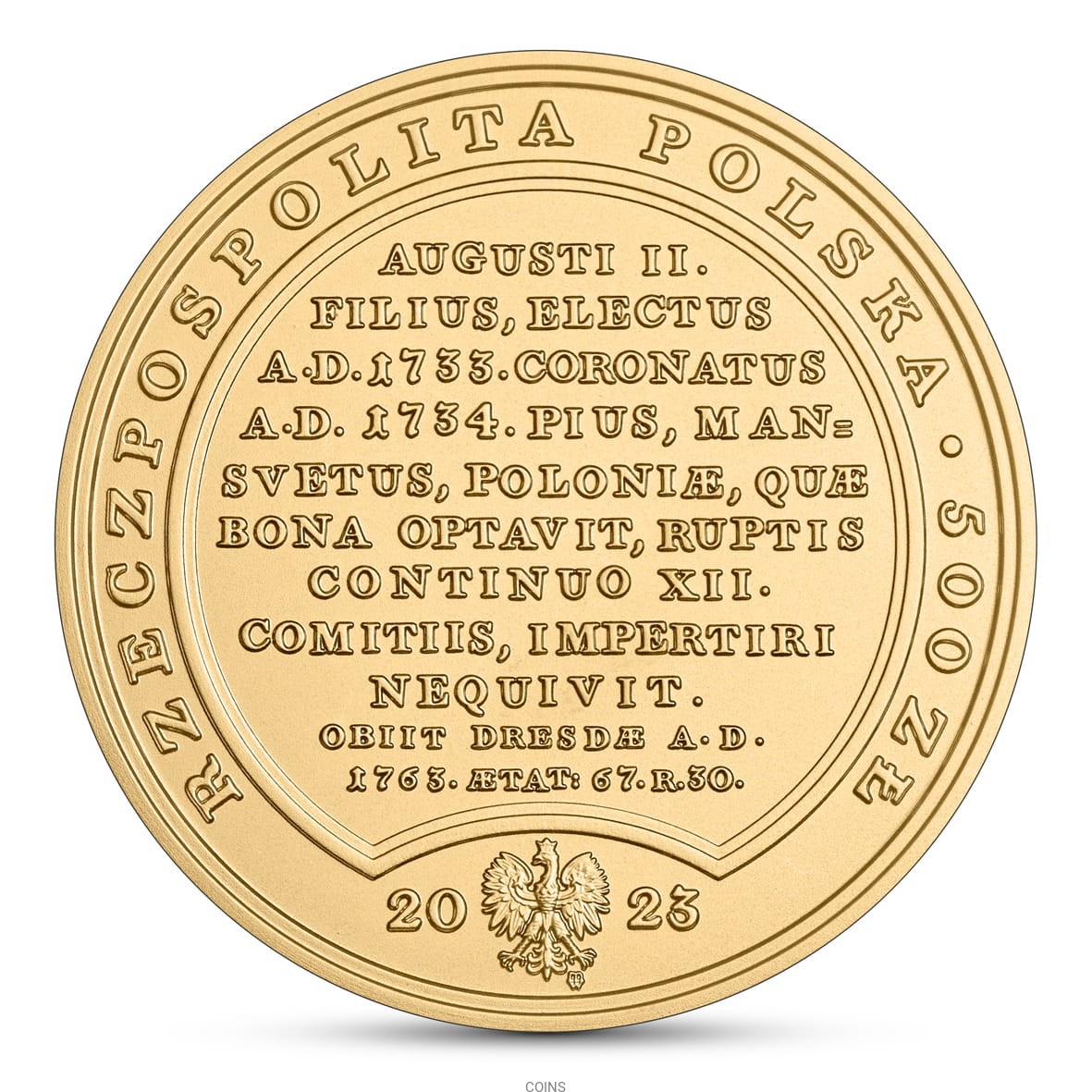 500 zł August III Sas - złota moneta 2oz 999,9