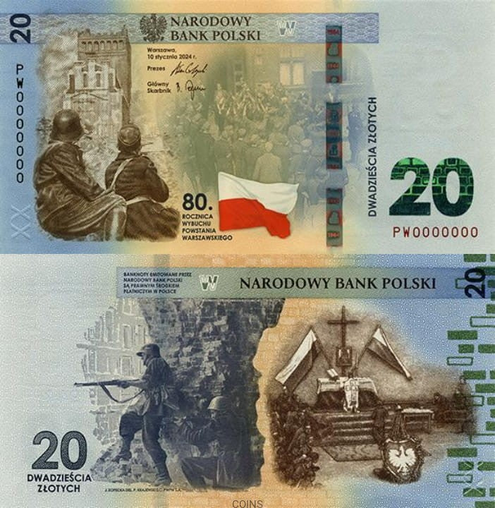 20 zł  80. rocznica wybuchu Powstania Warszawskiego 2024 - banknot