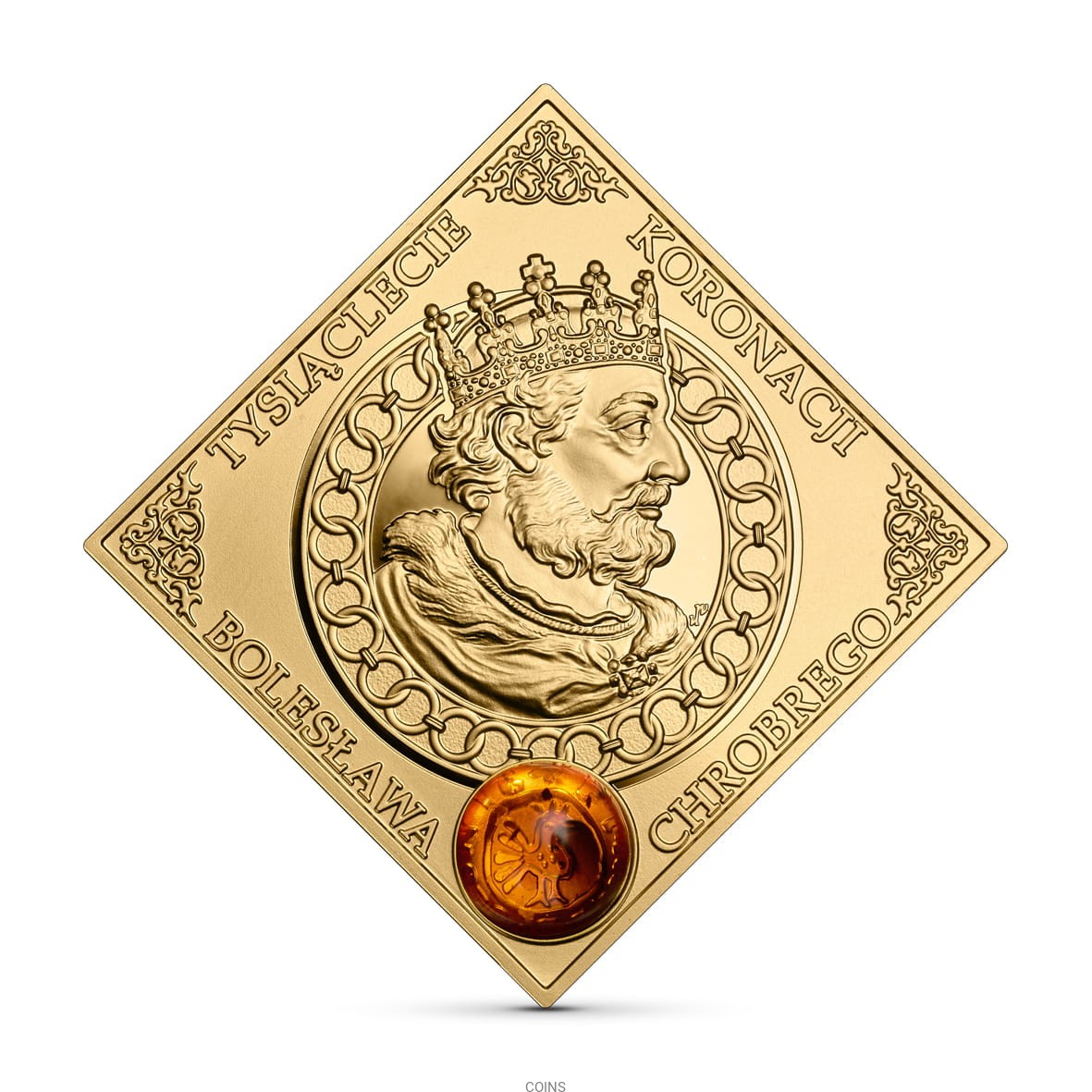 500 zł Tysiąclecie koronacji Bolesława Chrobrego 2oz Au999,9 złoto + bursztyn